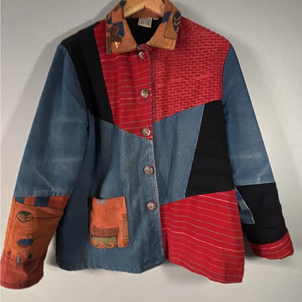 Rare Vintage Cottagecore Denim Patchwork Jacket-Tapestry Collar-Size Medium